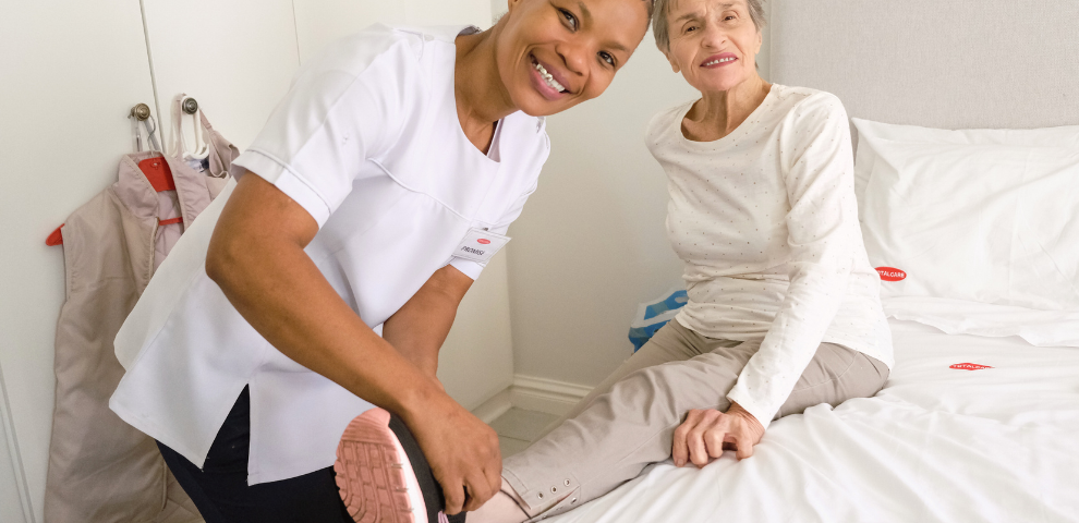 Frail care provider and elderly lady