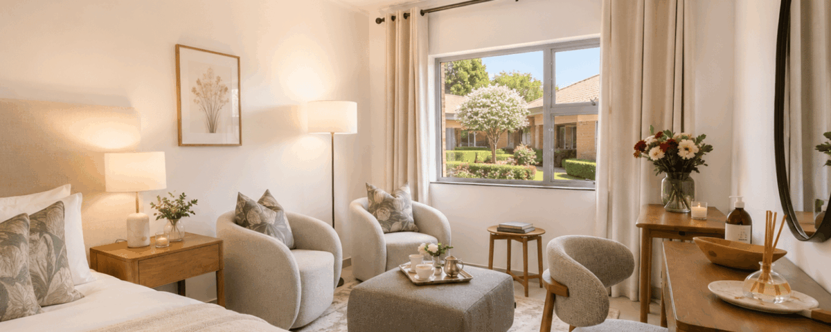 Bedroom with couch and dresser in a retirement community