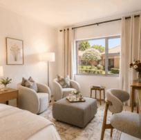 Bedroom with couch and dresser in a retirement community